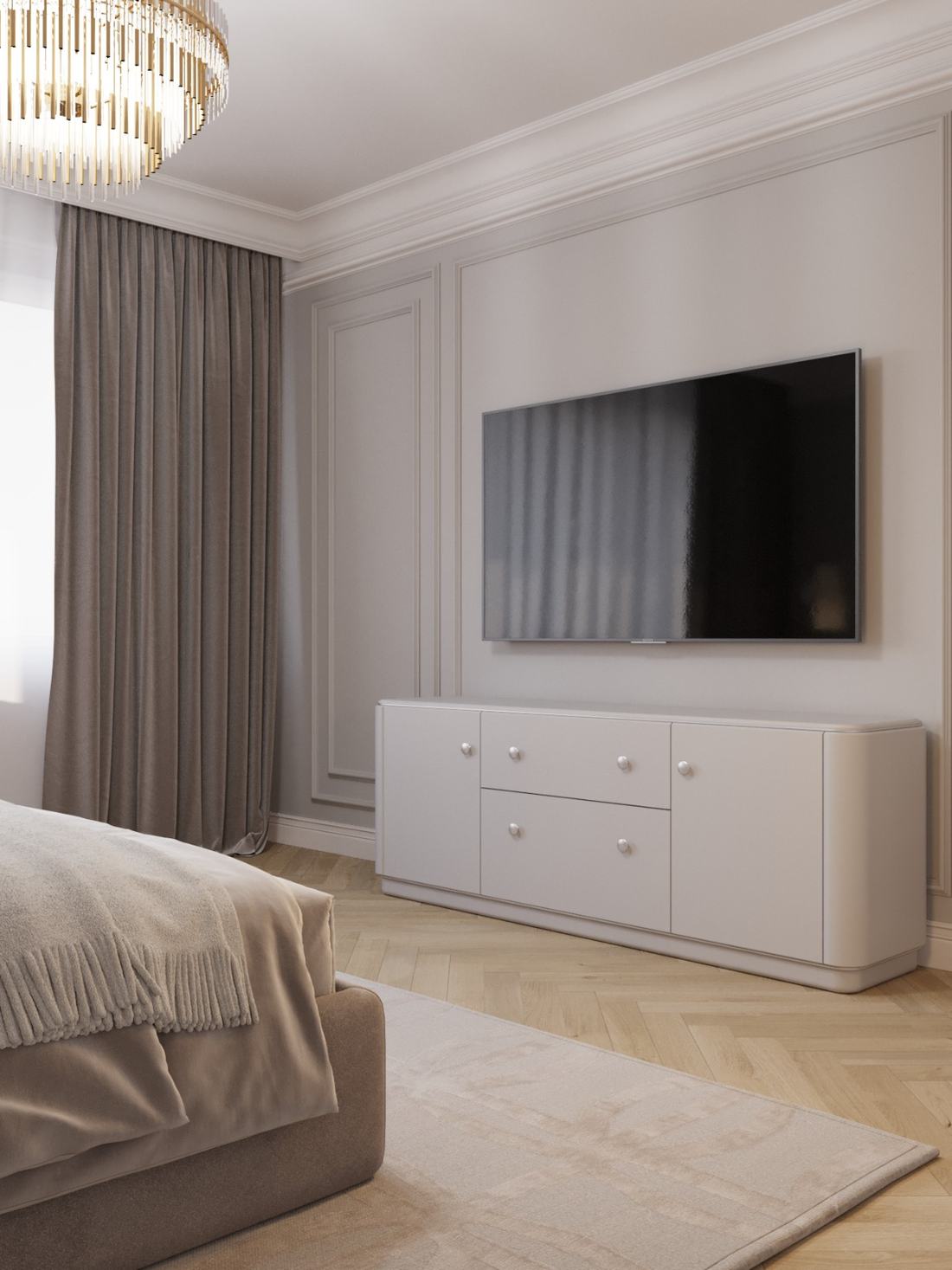 Chambre aux boiseries murales avec meuble bas blanc, rideaux et parquet à chevrons