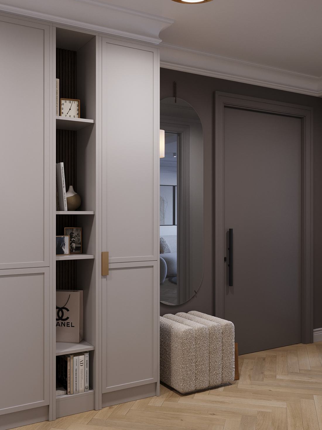 Couloir avec armoires à boiseries, étagères ouvertes, banc et parquet à chevrons