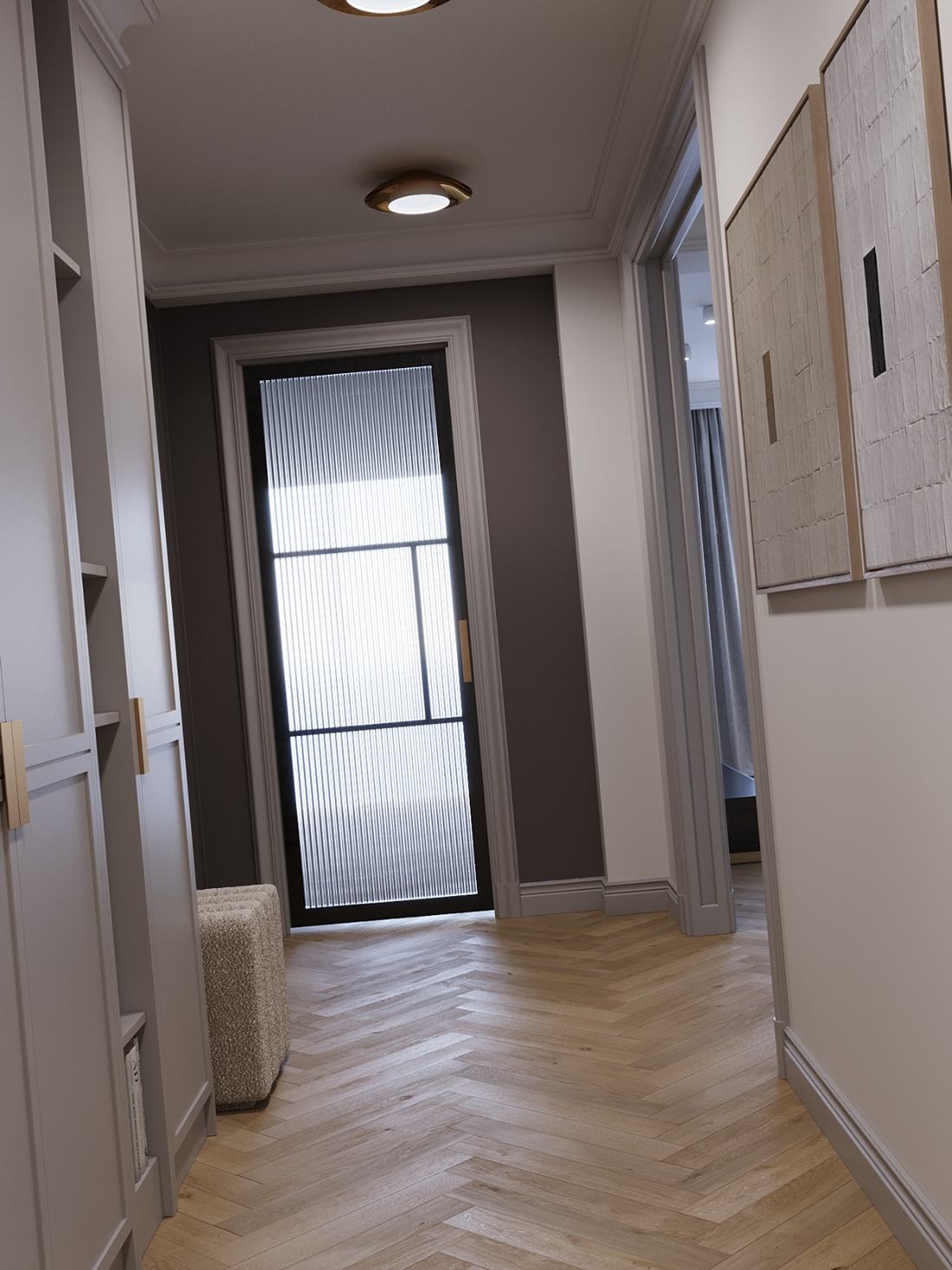 Couloir avec porte vitrée à cadre noir, moulures et parquet à chevrons