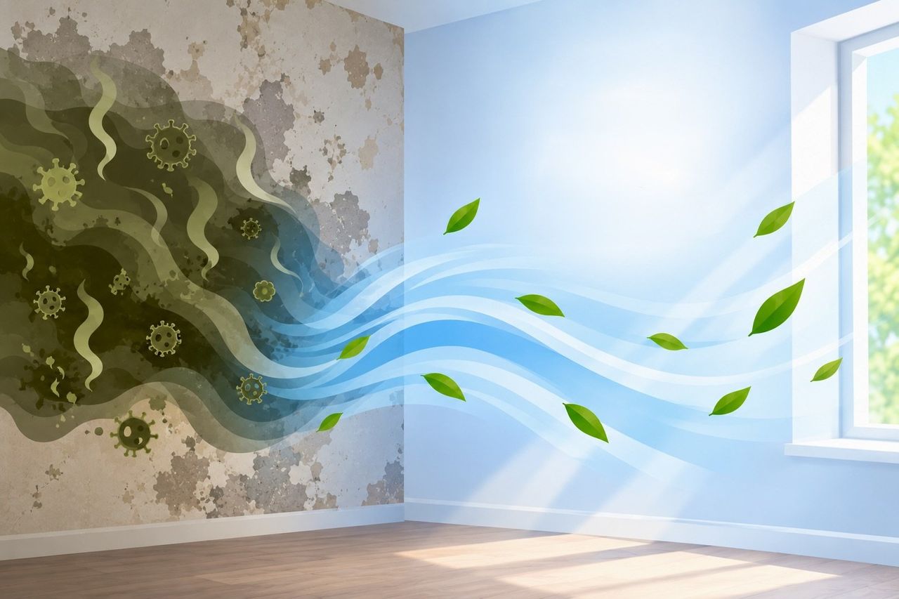 Illustration of a room where odour-laden air is replaced by fresh air through ionisation